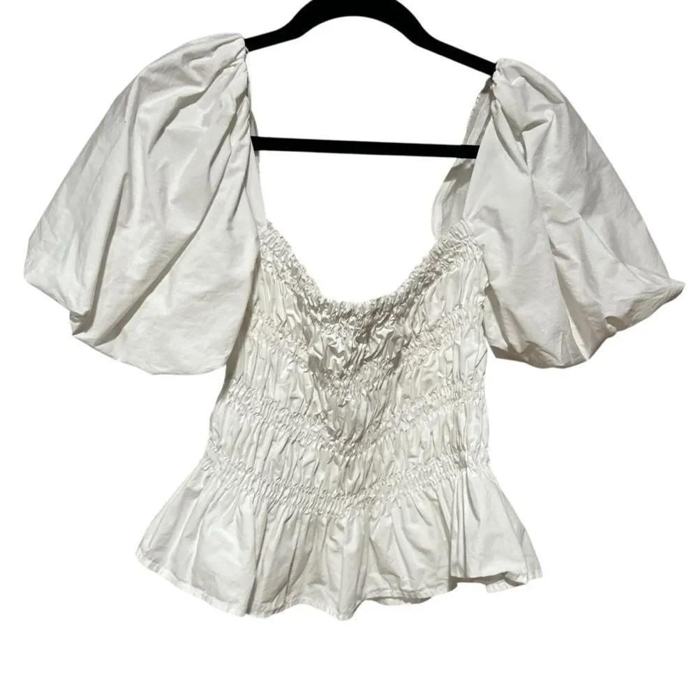 Revolve ASTR The Label Savina Cotton White Puff Sleeve Peplum Top